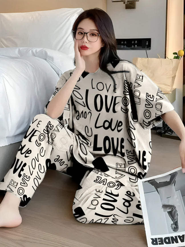 Biege Love Printed Night Suit