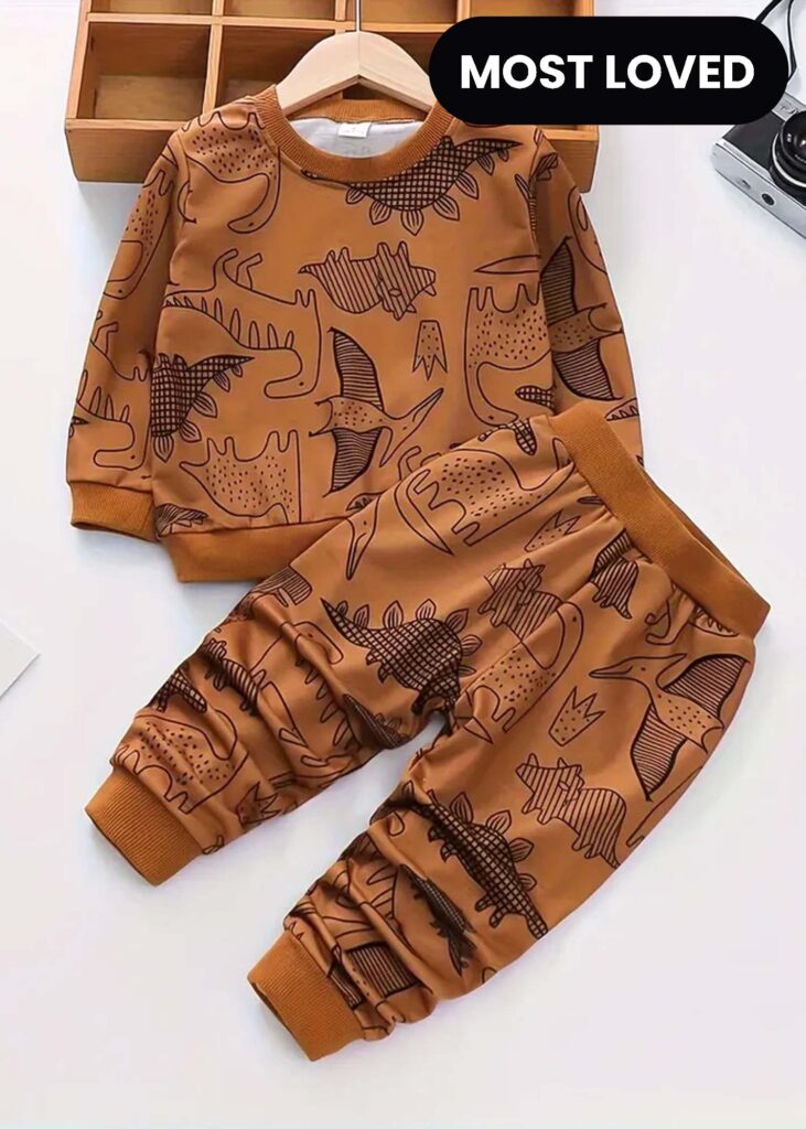 Brown Dinosaur Printed Kids Winter Suit (Each)