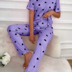 Purple Black Multi Heart Printed Night Suit