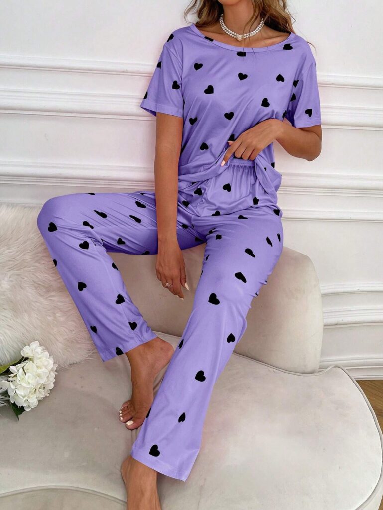 Purple Black Multi Heart Printed Night Suit