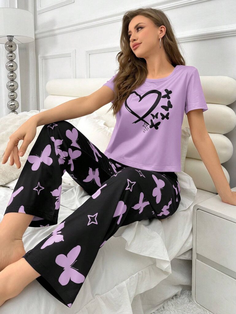 Purple Heart and Butterfly Printed Night Suit