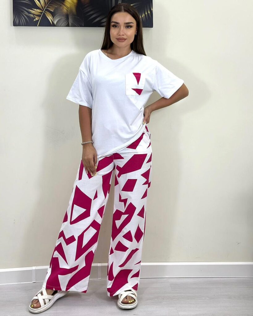 Urban Breeze Geometric Print DRY FIT Co-Ord Set for Women with Wide Leg Trousers & All-Day Comfort