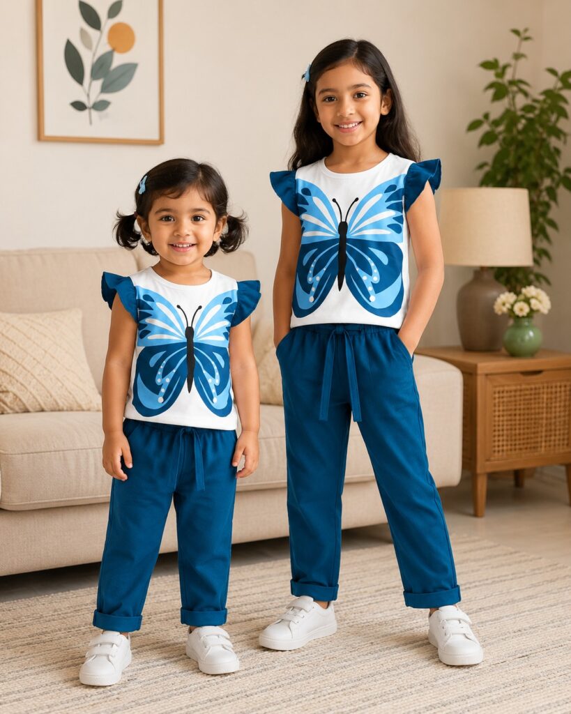 Butterfly Magic Girls Two Piece Outfit – High Quality Soft Cotton Jersey Casual Fashion Wear