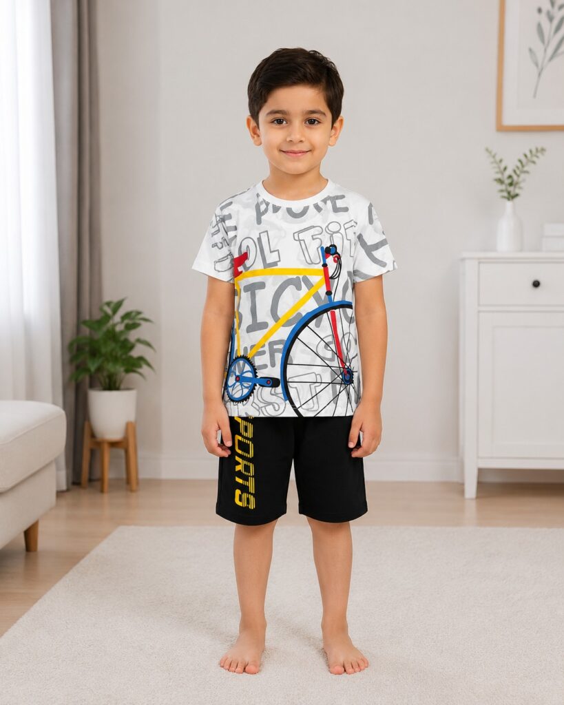 Little Rider Cotton Jersey Summer Set – Premium Bicycle Print T-Shirt & Shorts