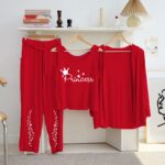 Women's Luxury Red 3-Piece Cotton Jersey Night Suit – Premium Comfort, Elegant Style & Breathable Summer Sleepwear