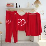 Women's Luxury Red 3-Piece Cotton Jersey Night Suit – Premium Comfort, Elegant Style & Breathable Summer Sleepwear