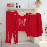 Women's Luxury Red 3-Piece Cotton Jersey Night Suit – Premium Comfort, Elegant Style & Breathable Summer Sleepwear
