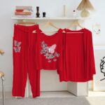Women's Luxury Red 3-Piece Cotton Jersey Night Suit – Premium Comfort, Elegant Style & Breathable Summer Sleepwear