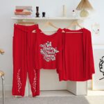 Women's Luxury Red 3-Piece Cotton Jersey Night Suit – Premium Comfort, Elegant Style & Breathable Summer Sleepwear