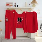 Women's Luxury Red 3-Piece Cotton Jersey Night Suit – Premium Comfort, Elegant Style & Breathable Summer Sleepwear