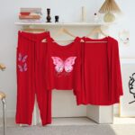 Women's Luxury Red 3-Piece Cotton Jersey Night Suit – Premium Comfort, Elegant Style & Breathable Summer Sleepwear