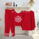 Women's Luxury Red 3-Piece Cotton Jersey Night Suit – Premium Comfort, Elegant Style & Breathable Summer Sleepwear
