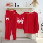Women's Luxury Red 3-Piece Cotton Jersey Night Suit – Premium Comfort, Elegant Style & Breathable Summer Sleepwear