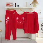 Women's Luxury Red 3-Piece Cotton Jersey Night Suit – Premium Comfort, Elegant Style & Breathable Summer Sleepwear