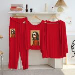 Women's Luxury Red 3-Piece Cotton Jersey Night Suit – Premium Comfort, Elegant Style & Breathable Summer Sleepwear