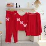 Women's Luxury Red 3-Piece Cotton Jersey Night Suit – Premium Comfort, Elegant Style & Breathable Summer Sleepwear
