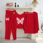 Women's Luxury Red 3-Piece Cotton Jersey Night Suit – Premium Comfort, Elegant Style & Breathable Summer Sleepwear